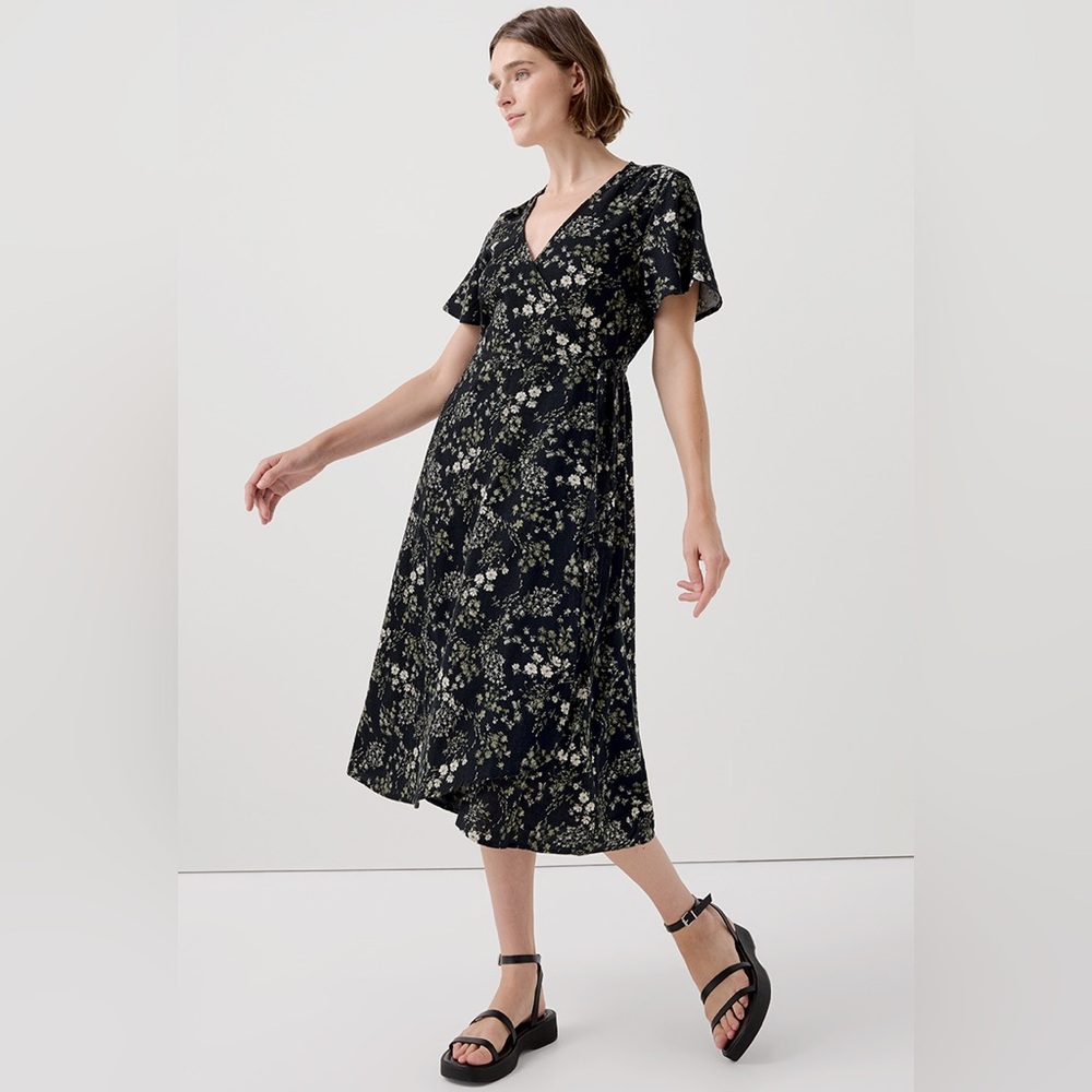 Pact Organic Cotton Crepe Green Floral Midi Wrap Dress Flutter Sleeves Medium